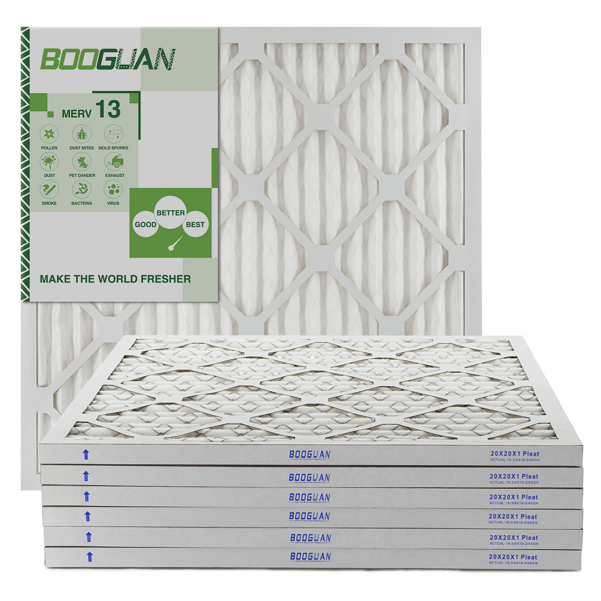 BOOGUAN 20x20x1 MERV13 Pleated AC Furnace Air Filter 6-Pack